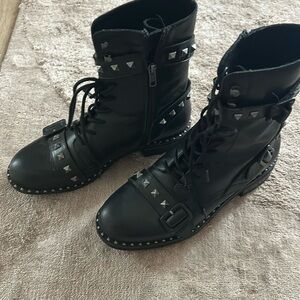 Ash Black Leather Biker Combat Studded Boots 38